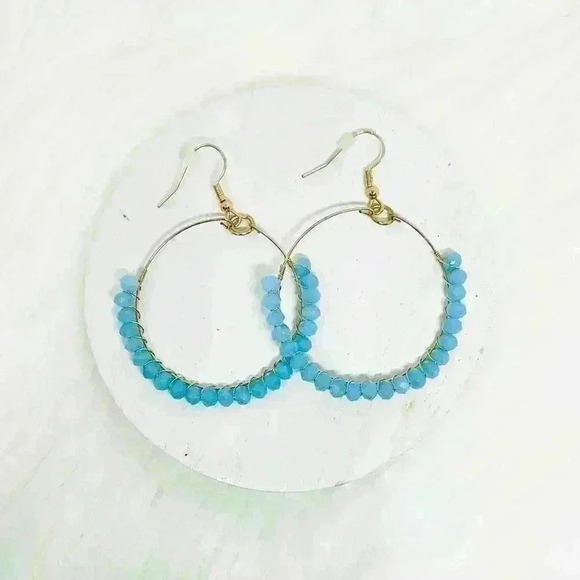 Beaded Hoop Earrings in Sky Blue - Picture 1 of 3